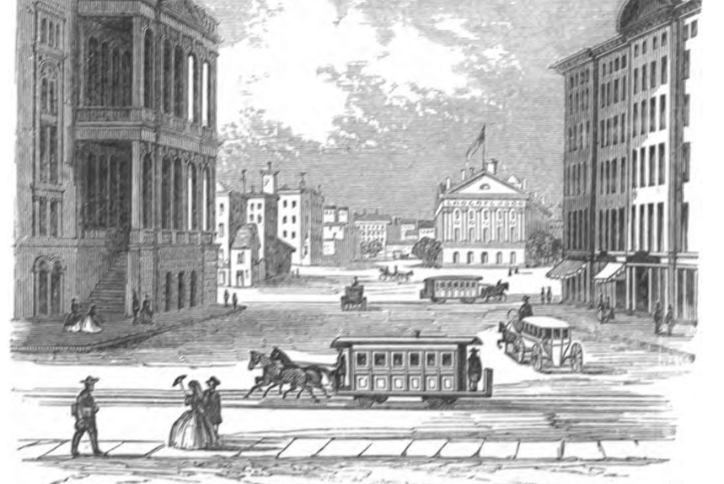 Illustration of an urban square with tall buildings, pedestrians, horse-drawn streetcars, and carriages
