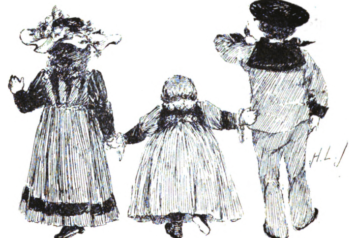 Illustration of three children holding hands, viewed from behind, wearing long dresses and a cap