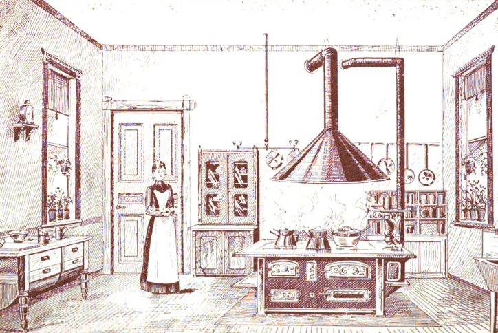 Illustration of a large kitchen with a central cooking range, hanging ventilation hood, shelves, and a woman standing near a door