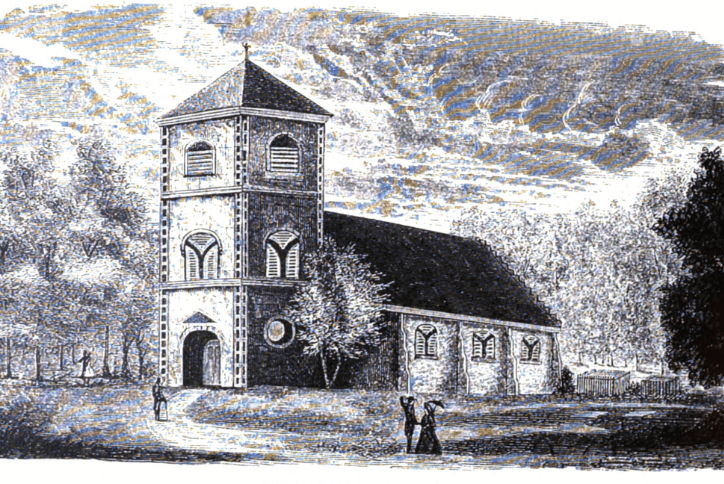 Black-and-white engraved illustration of a stone church with a square tower, arched windows, and a pitched roof, set among trees with a few figures in the foreground