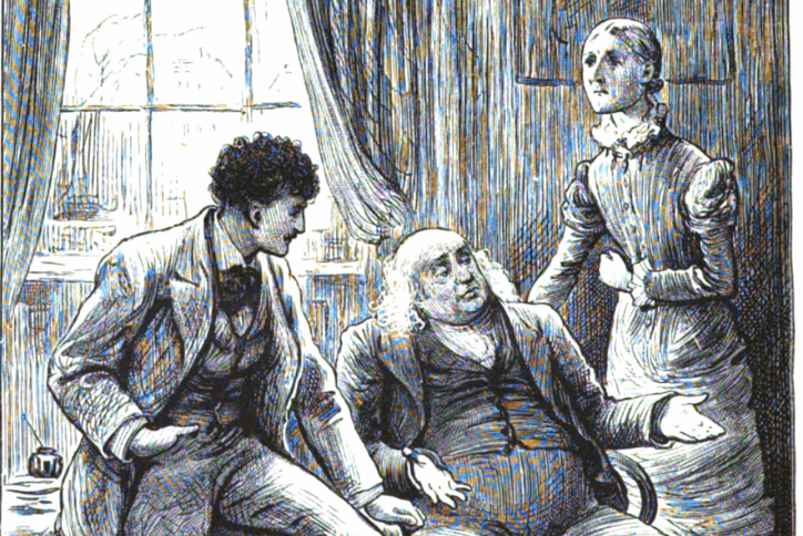 Illustration of an older man slumped in a chair while a younger man and a woman stand beside him in an interior room