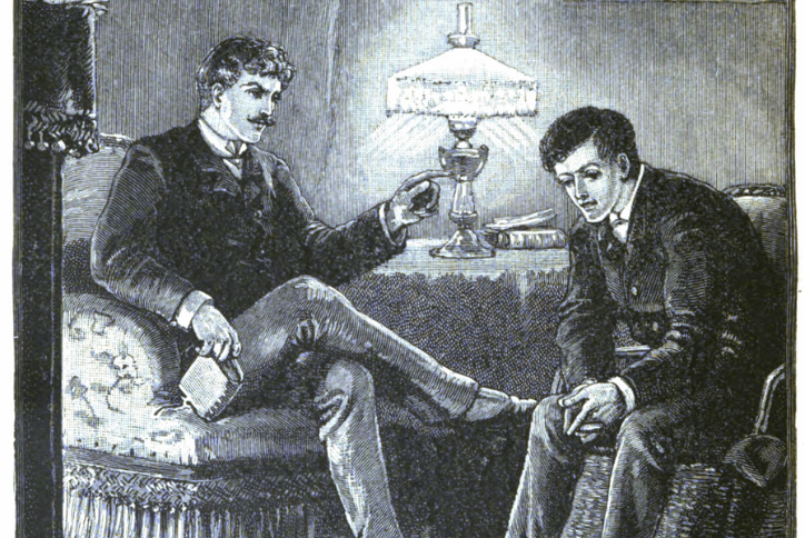 Illustration of two men seated indoors, one gesturing while the other listens beside a table lamp