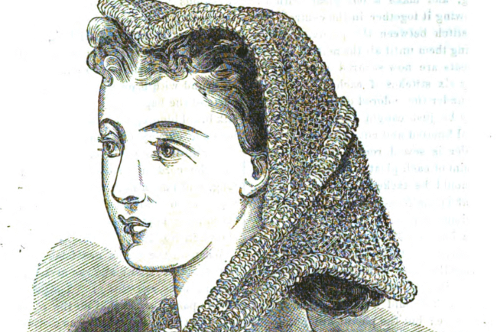 Illustrated portrait of a woman in profile wearing a textured hooded shawl and dress