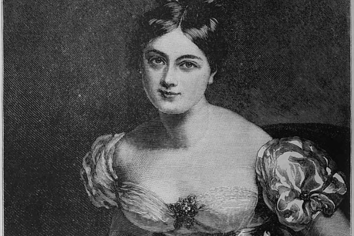 Illustrated portrait of a woman seated with hands clasped, wearing an off-the-shoulder dress with puffed sleeves
