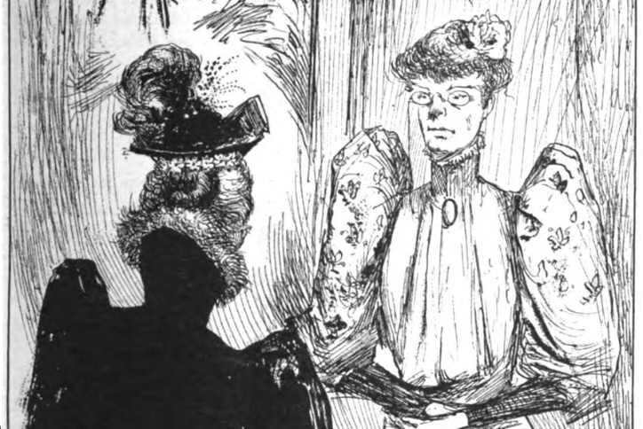 Illustration of women in a fitting room, one seated and another standing near a mirror while a third figure observes