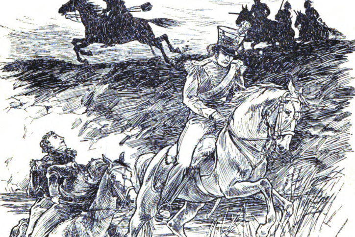 Engraved illustration of mounted cavalry riding at speed, with one rider turning to draw a pistol while others pursue across a grassy landscape