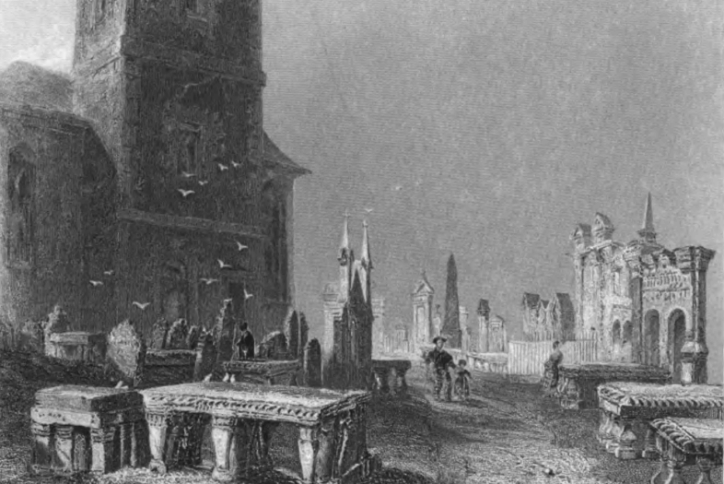 Engraved view of a tall stone church tower rising above a graveyard, with tombs in the foreground and small figures walking along a path nearby