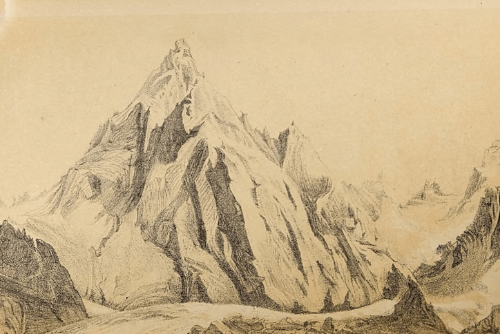 Pencil sketch of a steep mountain cliff face with layered rock formations and rough shading.