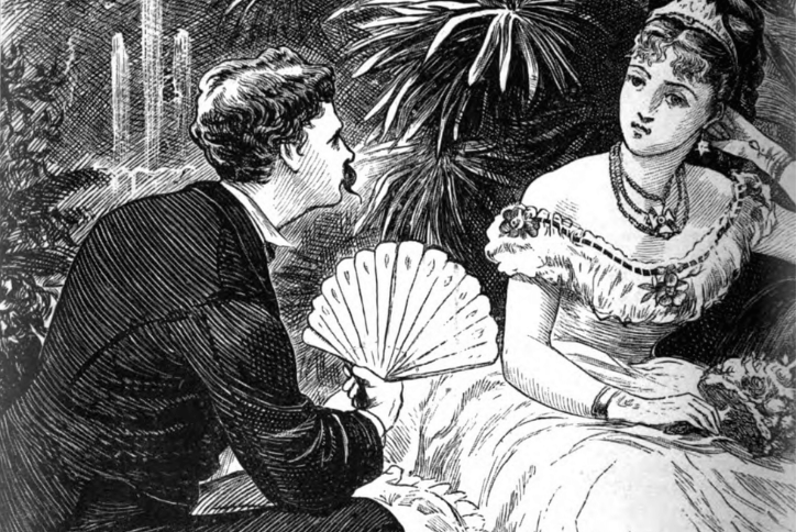 Victorian-era illustration of a seated woman in a formal dress listening to a man holding an open fan in an indoor setting.