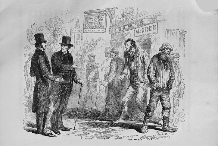 Wood-engraved illustration of men in Victorian dress standing and walking outside a village alehouse with a hanging sign.
