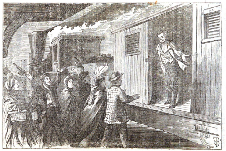 Wood-engraved illustration of a crowd gathered beside a railway car as a man stands at the open doorway addressing them.