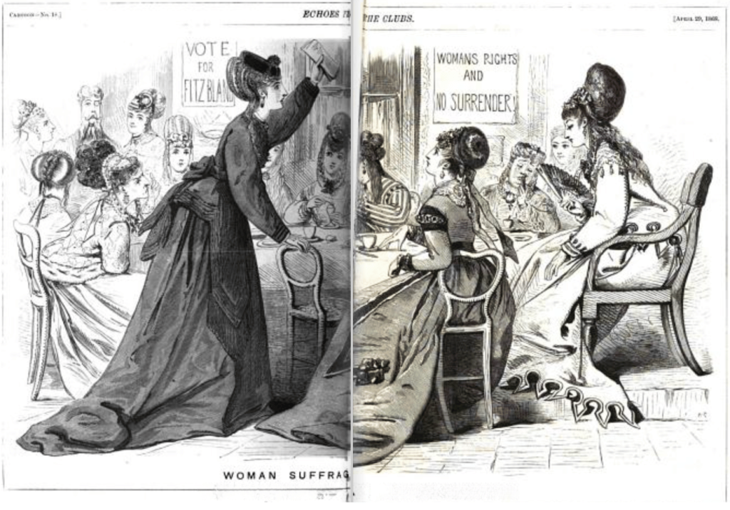 Illustration of women seated and standing in a meeting room, with banners reading “Vote for Fitzjames” and “Woman’s Rights and No Surrender.”