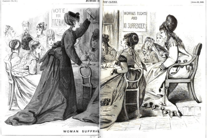 Illustration of women seated and standing in a meeting room, with banners reading “Vote for Fitzjames” and “Woman’s Rights and No Surrender.”