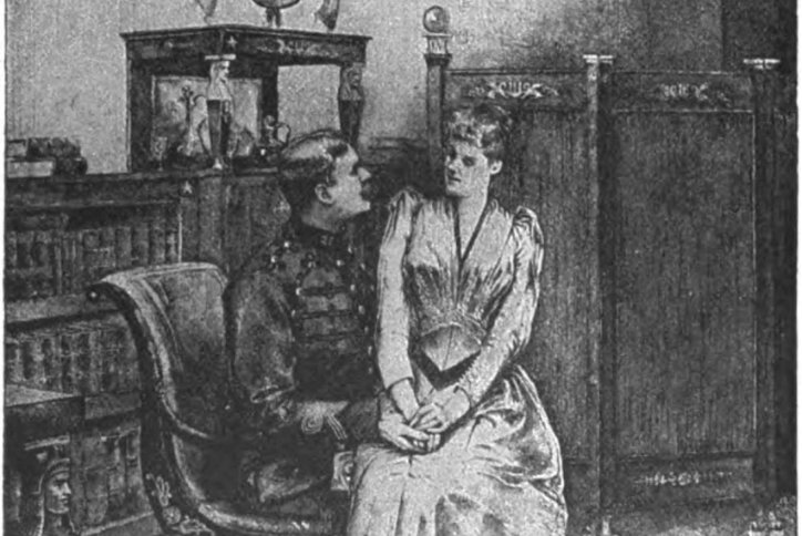 Illustration of a Victorian man and woman seated closely in a furnished parlor, facing one another.