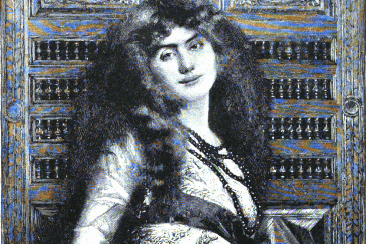 Portrait illustration of a Victorian woman seated before ornate carved wooden panels, wearing layered clothing and a fur wrap.