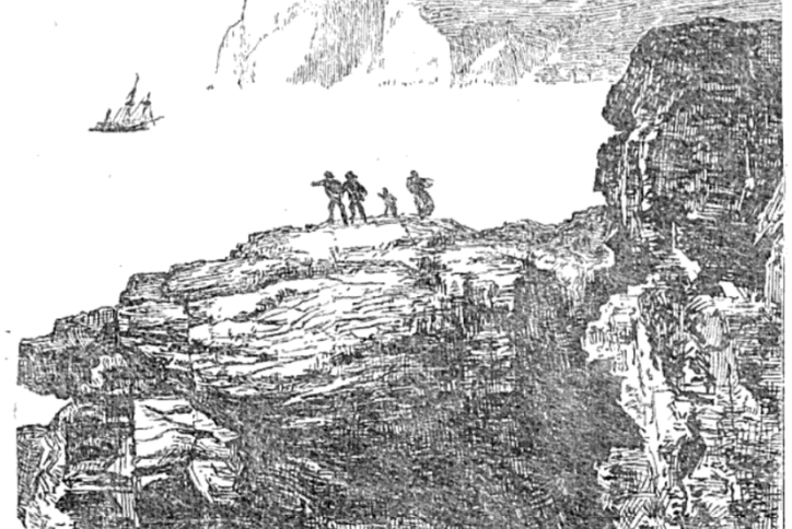 Engraving of several figures standing on rocky sea cliffs overlooking the ocean, with a sailing ship visible in the distance.