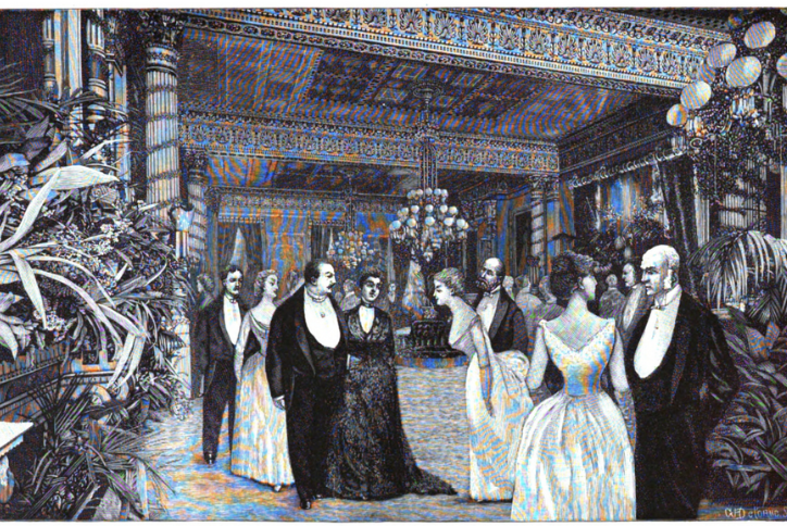 Engraved illustration of a formal evening reception with guests in evening dress gathered in an ornate interior hall.