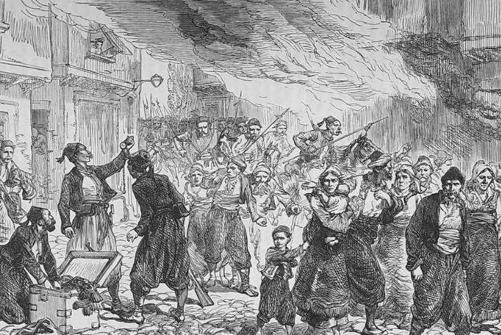 Illustration showing armed soldiers driving civilians through a street during the Russo-Turkish War, with smoke and mounted troops in the background.
