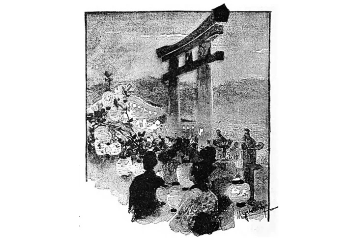 Black-and-white illustration of a crowd gathered beneath a traditional torii gate near water, with robed figures and lanterns arranged in a ritual-like scene, rendered in a soft ink-and-wash style.