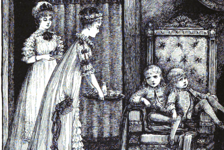 Illustration of two Victorian women attending to two young children seated in an upholstered chair inside a parlor.