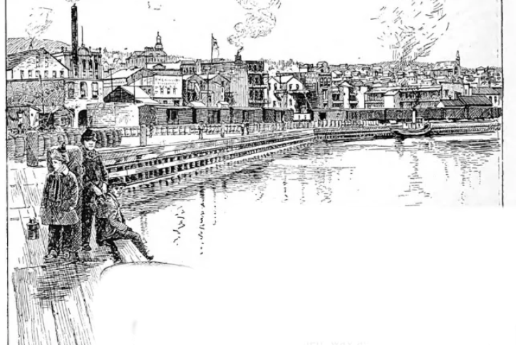 Black-and-white illustration of the Duluth waterfront in the late 19th century, with docks, warehouses, smoke stacks, and figures standing along the harbor edge beside calm water.