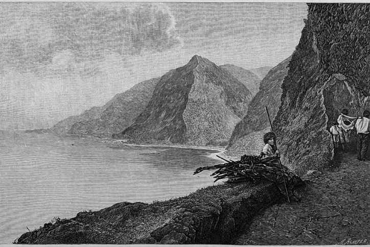 Illustration of a narrow coastal road in Madeira carved into steep cliffs, with figures walking beside the rock face and the Atlantic Ocean stretching out below.