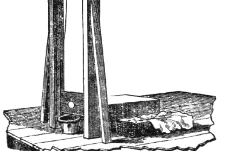 Illustration of an execution device with a vertical wooden frame and suspended blade.