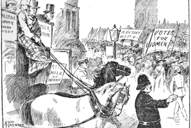 Illustrated crowd scene showing a women’s suffrage demonstration with banners reading “Votes for Women.”