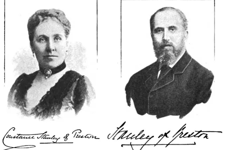 Side-by-side portraits of Lady Constance Stanley and Lord Stanley of Preston, with their handwritten signatures appearing below their respective images.