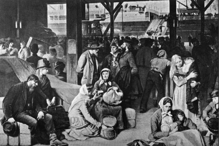 An illustration of a crowded dockside waiting area where families and workers sit with their luggage, while in the background passengers ascend a gangplank to a large ship.