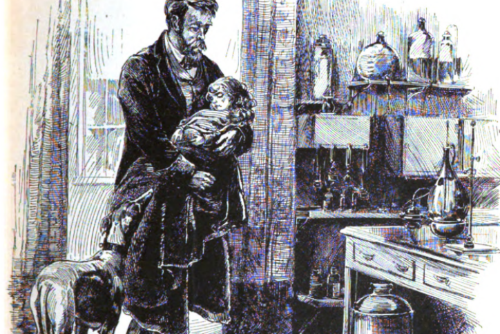 An illustration of a bearded man carrying a sick child wrapped in blankets into a room filled with glass bottles and scientific apparatus, while a dog walks closely beside them.