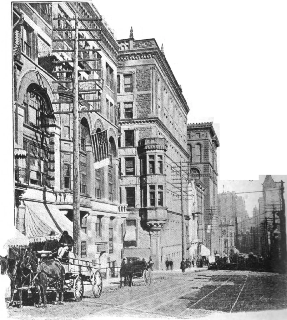 Commercial street with multi-story buildings and horse-drawn traffic