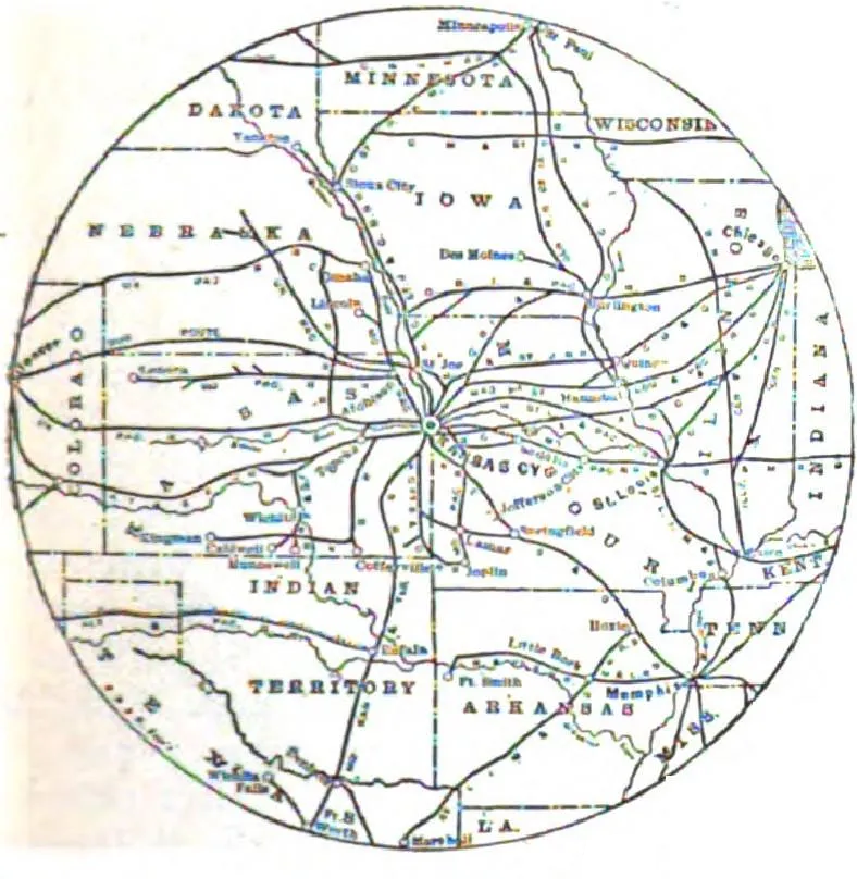 Railway map with Kansas City as central hub connecting to multiple states
