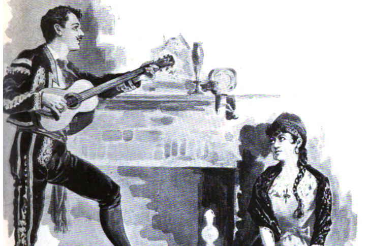 A vintage illustration depicting a man in a short jacket and sash standing with his foot on a fireplace andiron playing a guitar, while a young woman seated nearby looks on.