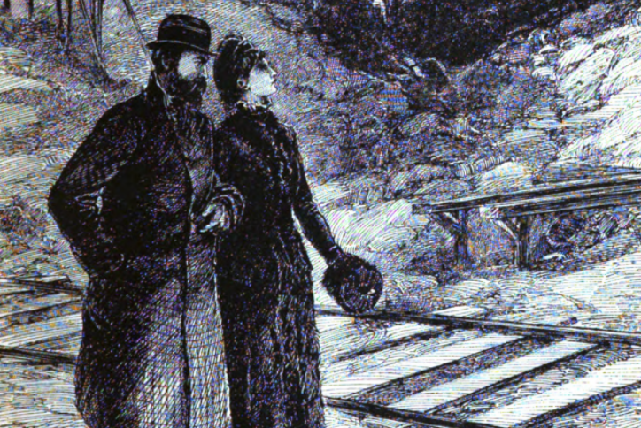A man and woman in winter attire walk along snowy railway tracks toward a towering mine shaft house under a crescent moon.