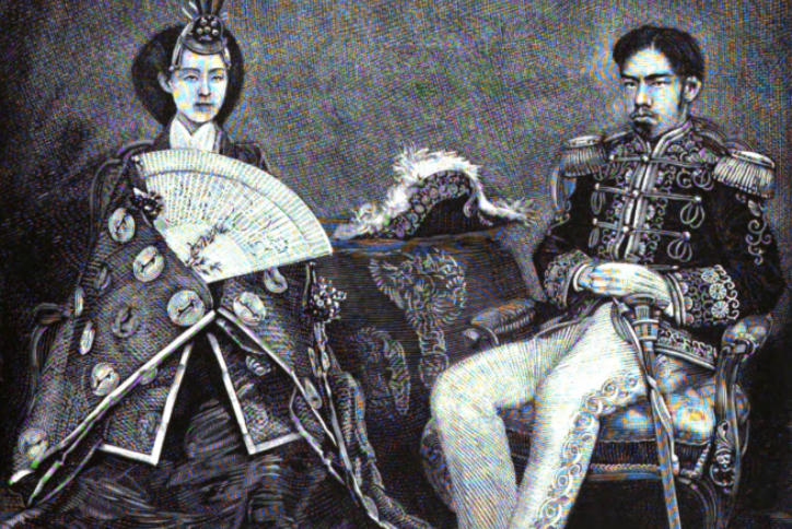 A formal seated portrait of the Mikado of Japan in a decorated military uniform and the Empress in traditional Japanese robes holding a large fan.