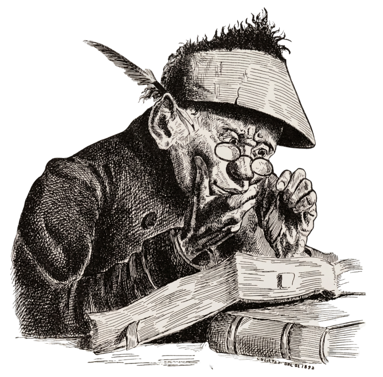 A detailed 19th-century pen-and-ink illustration of a scholar intently reading a book, isolated on a clear background.