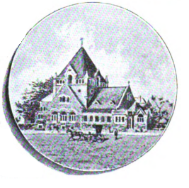Institutional building with towers in circular architectural illustration
