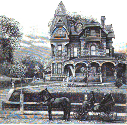 Victorian mansion with ornate stonework and horse carriage in foreground